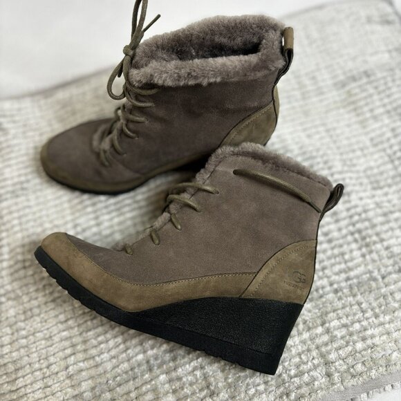 UGG Bridgit US 8 EU 39 Women’s Dark Gray Waterproof Suede Wedge Heel Ankle Boots - Picture 1 of 12